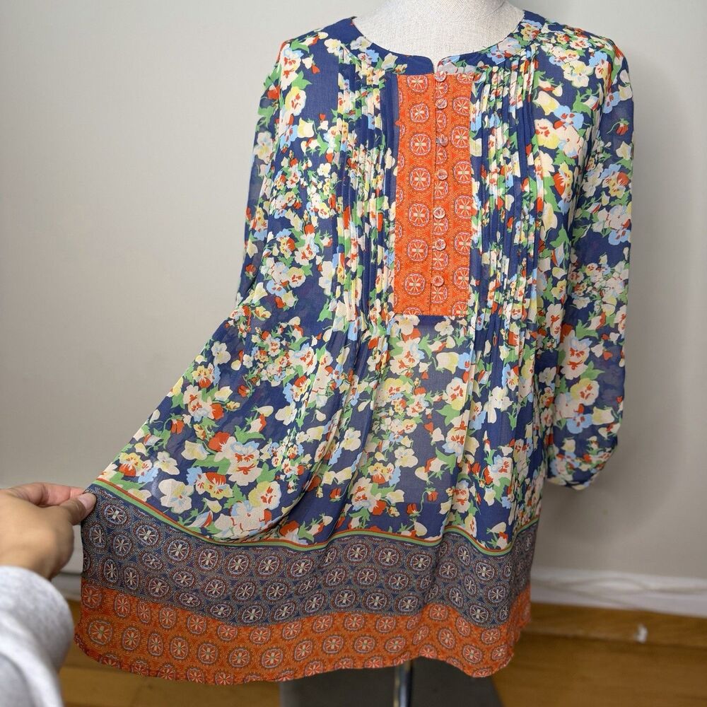 Daniel Rainn Floral Sheer Pleated 3/4 Sleeve Tunic Blouse Top S EUC Boho Artsy